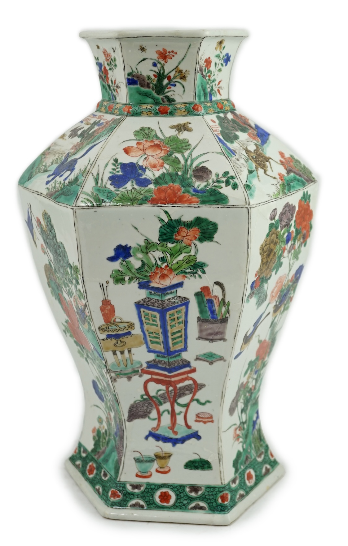 A large Chinese famille verte hexagonal baluster vase, Kangxi period